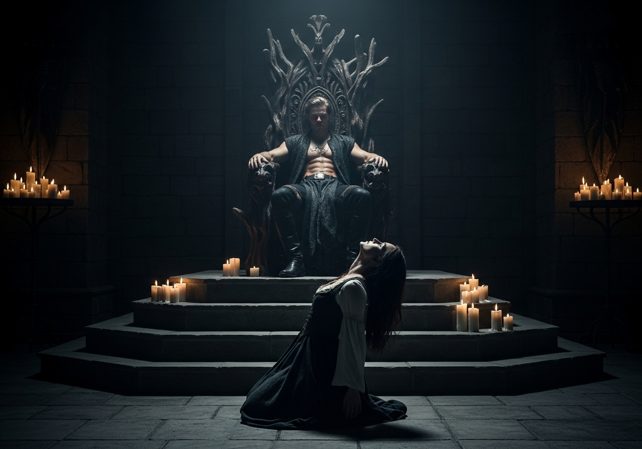 A figure with a powerful, handsome, athletic build sits on an ornate, dark-wood throne. They look down with a confident smirk. A women kneeling before them, whose face is tilted upwards in a mix of defiance and anticipation. The room is dimly lit by candlelight, casting long shadows that highlight the tension and power dynamic between them. The scene suggests a femdom or BDSM dynamic in a dark fantasy setting.