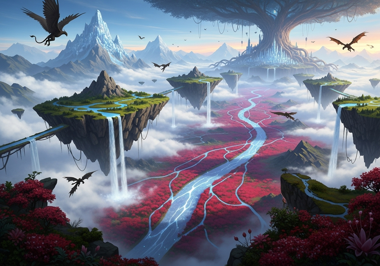 From a bird's-eye view, the realm is a breathtaking tapestry woven from magic and dream. A continent of colossal floating islands drifts serenely on unseen currents, their verdant tops spilling immense waterfalls into a sea of clouds below. Jagged mountain ranges, not of stone but of pure, light-catching crystal, claw at a sky graced by twin suns.
A great river of liquid starlight carves a shimmering path through a valley of impossibly vibrant, crimson flora, flowing toward the pearlescent spires of a city built into the heart of a colossal, ancient tree. Graceful griffins and the occasional bronze dragon patrol the airways, their immense shadows gliding over a world humming with an ancient and potent energy. It is a landscape of untamed, celestial beauty, a vibrant world painted with impossible colors and alive with myth.
Realistic, cinema shot, highly detailed.