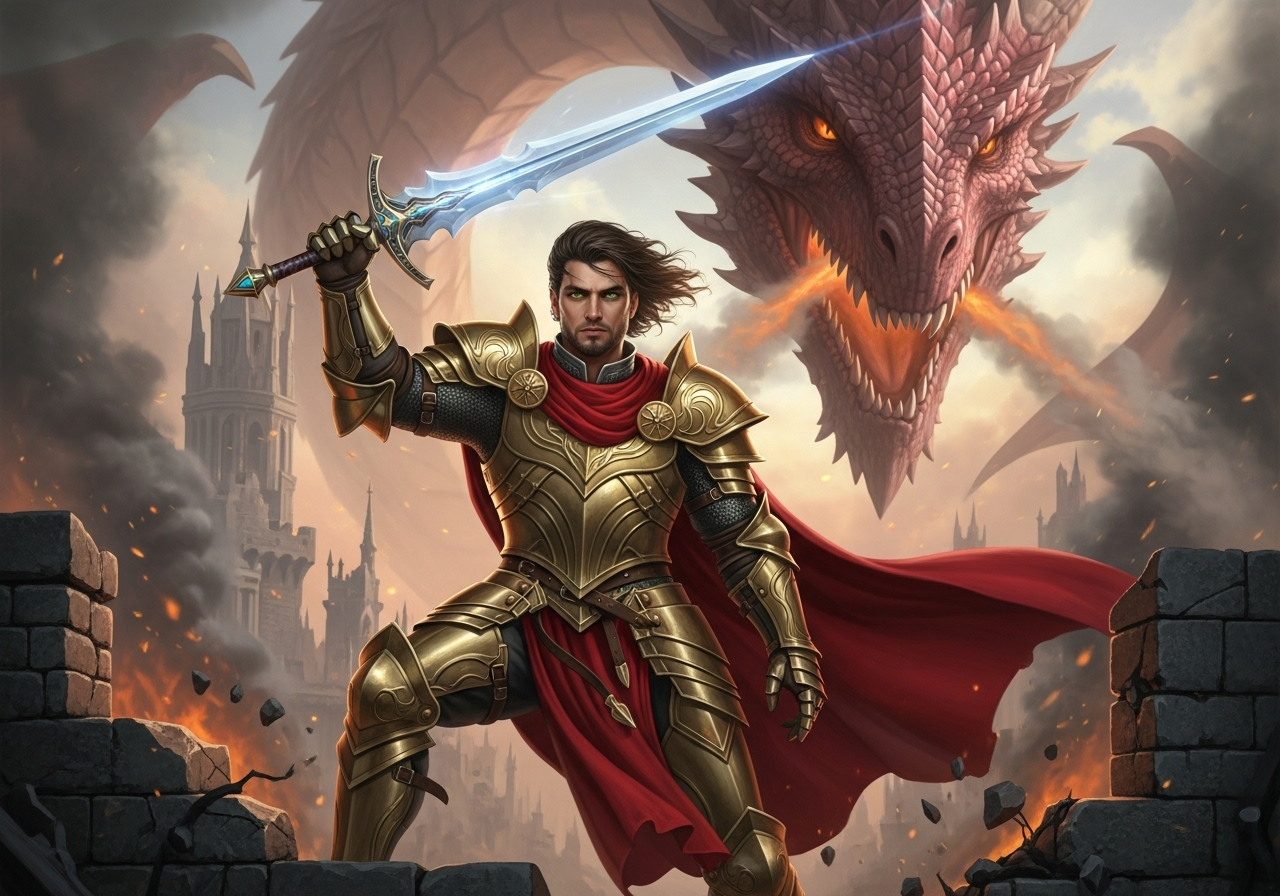 A medium, hyper-realistic shot of Sir Kaelen, a male in his mid-30s with an athletic build, standing defiantly on shattered, smoke-stained stone battlements. He wears gleaming golden plate armor with intricate crimson accents and a flowing crimson cape. His dark brown hair is wind-swept, and his emerald eyes are filled with determination. He holds the Blade of Aethel aloft; its silver blade gleams brightly, faintly pulsating with an internal light. Behind him, parts of the kingdom are visible in ruins and obscured by rising smoke. The head of Ignis, the dragon (massive, with visible crimson scales and amber eyes), is partially seen in the background, exhaling tendrils of smoke, creating a fiery, dramatic backlighting that emphasizes Kaelen's silhouette. The atmosphere is tense and heroic, with high contrast lighting.