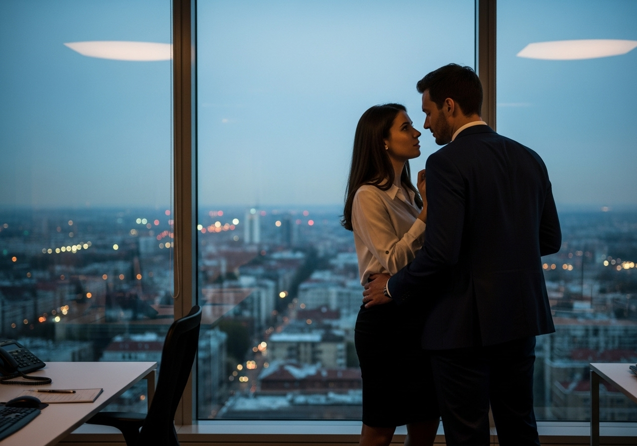 A man and a woman in a modern, dimly lit office after hours. They are standing close together near a large panoramic window overlooking a glowing city skyline. The tension is palpable as they are about to share a secret office kiss, illustrating the office kissing game theme.