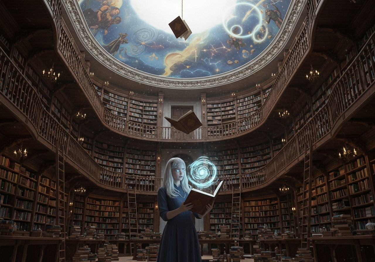 A detailed, wide-angle shot of a sprawling fantasy city library. A young female protagonist with silver hair and glowing blue eyes is standing in the center, levitating a glowing, open book in front of her. The library is immense, with towering shelves made of dark, ancient wood, reaching up into a domed, celestial-painted ceiling. Magical lights and orbs float gently through the air, illuminating dust motes and the intricate details of thousands of leather-bound books. The atmosphere is one of wonder, magic, and infinite knowledge.