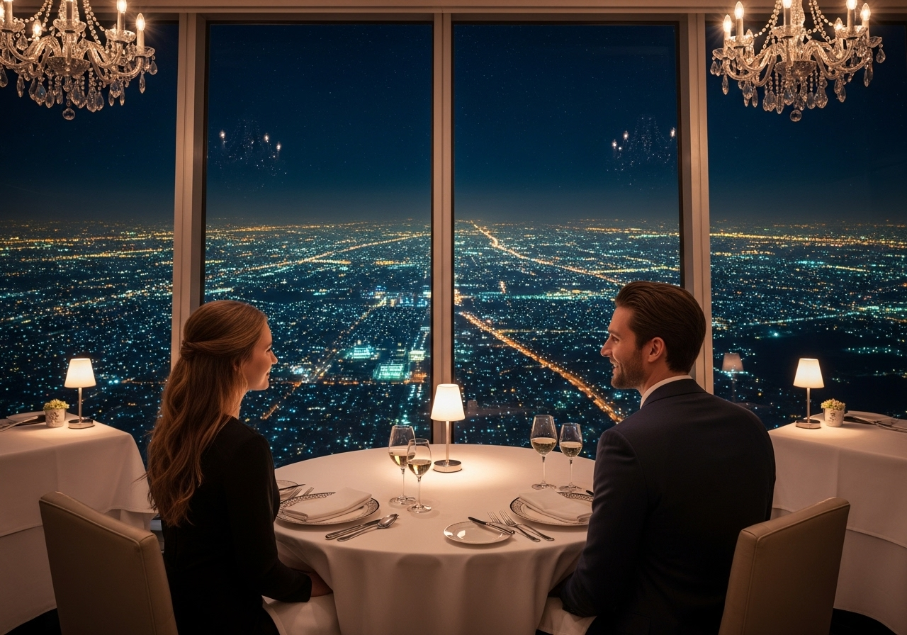 Elara and Kaelen are seated at a meticulously set circular table by a massive, floor-to-ceiling panoramic window overlooking a sprawling, futuristic city. The citys outside is intrucately illuminated by countless shimmering golden and azure lights, extending into the distant horizon. The sky outside is a clear, dark twilight, with bright, visible stars dotting the vast expanse. The restaurant interior is intimately lit with elegant crystal chandeliers and soft ambient light from delicate table lamps, creating a warm, romantic atmosphere. Their table features crisp white linen, sparkling silverware, and two delicate, tall wine filled glasses. An over-the-shoulder shot from behind the couple, Elara is looking out the window and Kaelen happily looks at her, emphasizes their backs and city landscape beyond.