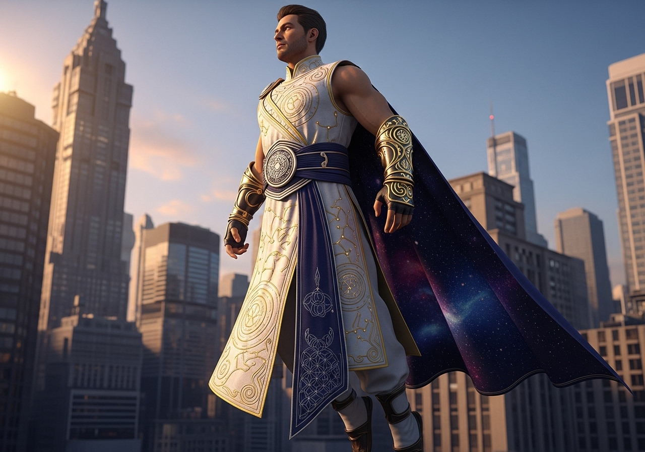 A majestic hero-god, a celestial guardian, soars effortlessly through the urban canyons of a sprawling metropolis at twilight. His light casts long, dramatic shadows on the glass and steel skyscrapers below.
His attire is a masterpiece of divine craftsmanship. He wears a sleeveless tunic of alabaster-white celestial silk, so fine it seems woven from moonlight. Intricate, labyrinthine patterns of golden thread cover its surface, depicting swirling constellations and ancient, forgotten sigils that shimmer with latent power. A heavy, deep indigo sash, embroidered with sacred geometry in platinum thread, is cinched at his waist. A single, floor-length panel of fabric, like a half-cape, flows behind him, its inner lining a tapestry of a star-filled nebula. Ornate golden bracers, etched with divine runes, adorn his forearms. His expression is one of serene focus and immense power, a benevolent protector watching over his domain.
Style: Side shot, Cinematic lighting, golden hour, dramatic shadows, volumetric light. Photorealistic, hyper-detailed, fantasy art, 8K resolution. Dynamic low-angle shot, epic scale.